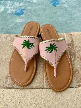 Paradise Shores Leather Embroidered Palm Tree Flip Flops, NWOT, Size 9M